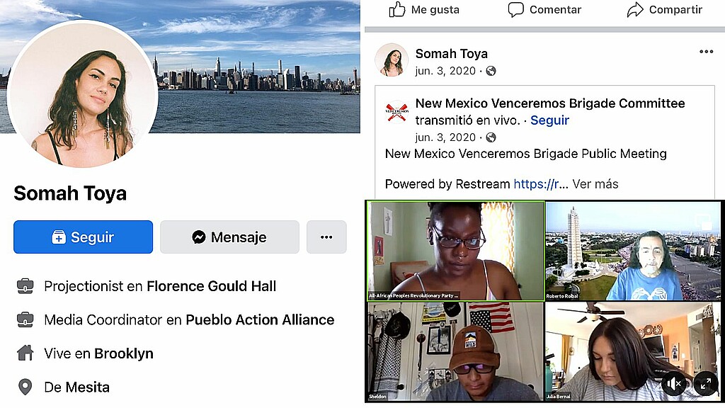  In June 2020, Somah Haaland posted a public meeting of the Venceremos Brigade a month after she updated her Facebook profile to reflect her role as the Media Coordinator of the Pueblo Action Alliance (PAA).