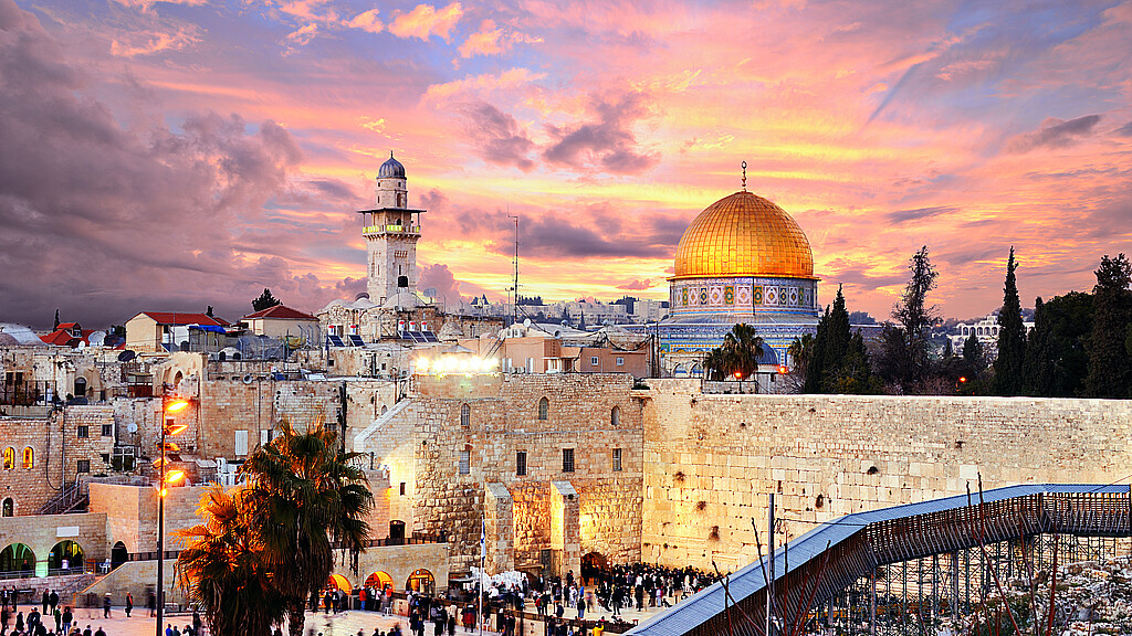 Skyline of the Old City at the Western Wall and Temple Mount in Jerusalem, Israel