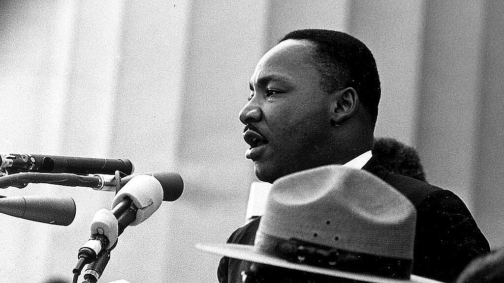 Dr. Martin Luther King Jr. speaks at the Lincoln Memorial during the 1963 March on Washington for Jobs and Freedom.