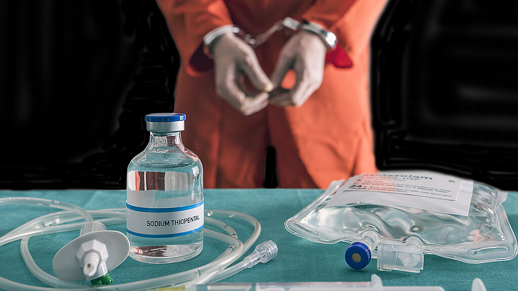 Stock image of lethal injection with inmate in background