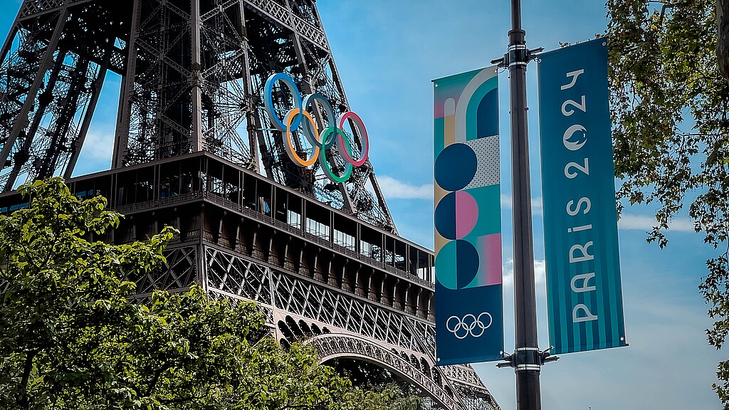 The Olympic Rings installed on the Eiffel Tower ahead of the Paris 2024 Olympic Games