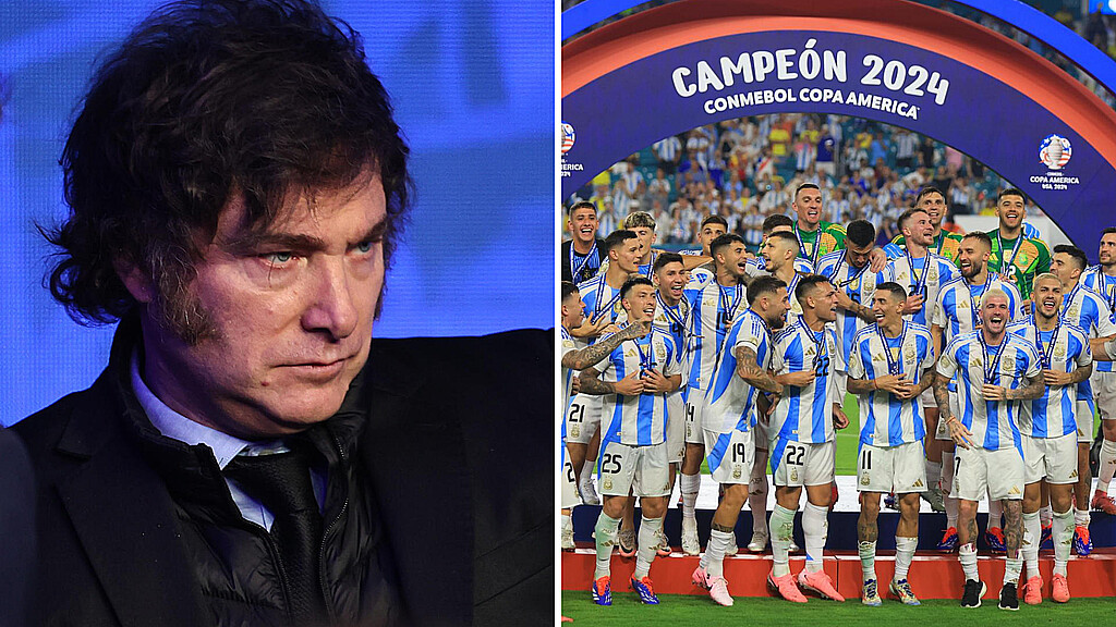 Fotografía del presidente de Argentina javier Milei y la selección de fútbol campeona de la copa america 2024