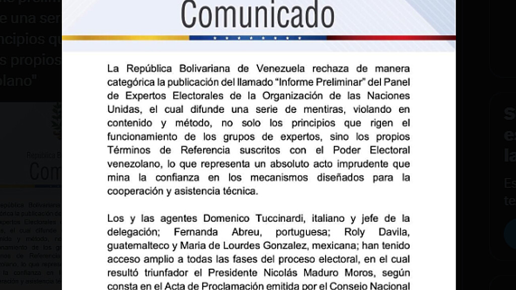 Comunicado del régimen chavista donde admite espionaje