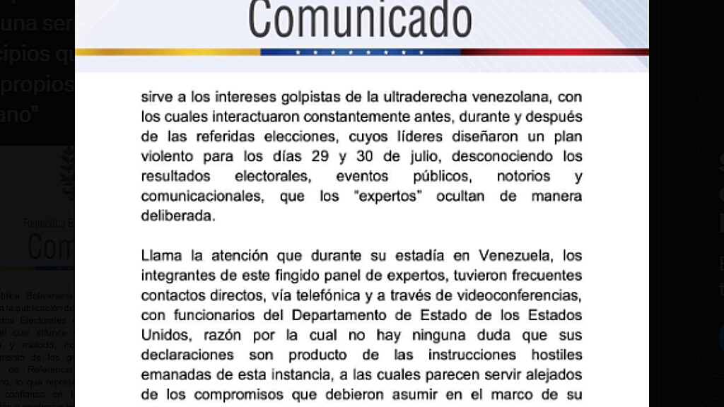 Comunicado del régimen chavista donde admite espionaje