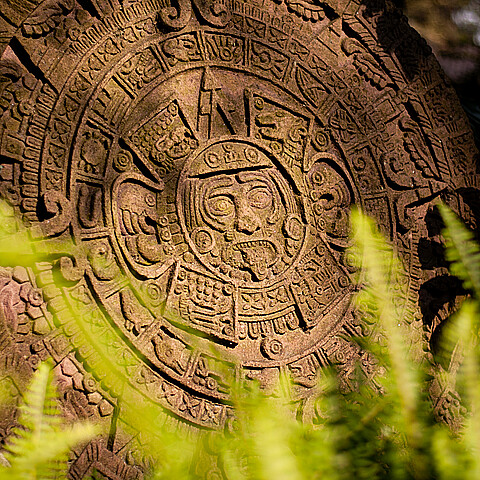 Replica of the Aztec sun stone located at a garden of a cultural center. The sun stone is the most famous work of Aztec sculpture.