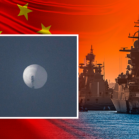 Collage of suspected Chinese spy balloon moving over U.S