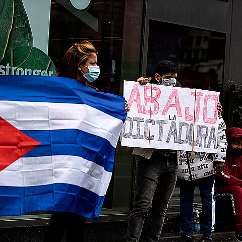 London, England, UK - May 9, 2021: Protesters demonstrate near Embassy of Cuba, London regarding hunger strike in Cuba 