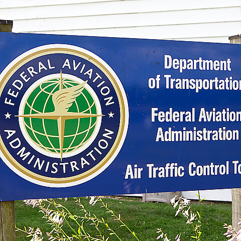 FAA Air Traffic Control Tower sign at Lancaster Airport in Pennsylvania on July 24, 2015