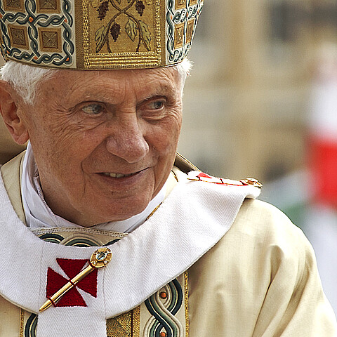 ROME- MAY 2011: Pope Benedict XVI greets the faithful in Saint Peters Square on the occasion of the Beatification of Pope John Paul II on May 1, 2011 in Vatican City, Rome