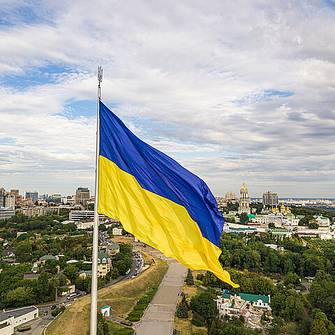 Ukrainian flag on a high flagpole in Kiev 