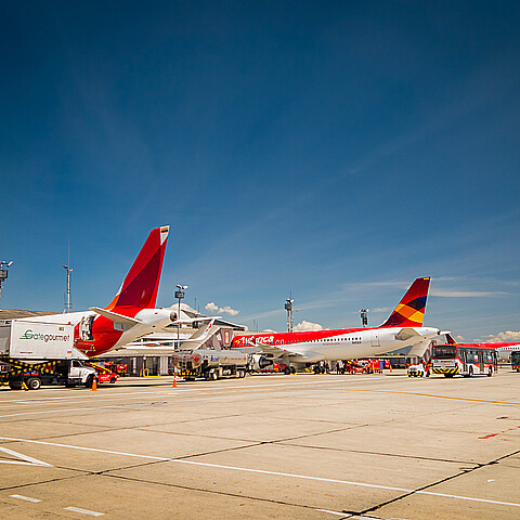 Avianca airplanes line up at international airport El Dorado Bogota Colombia
