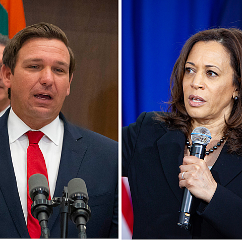 El gobernador de Florida, Ron DeSantis (izq) y la vicepresidenta de Estados Unidos, Kamala Harris (der)