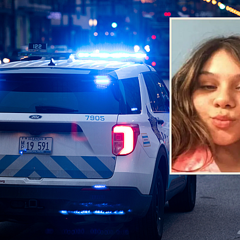 Una patrulla de la Policía de Chicago y una foto de Rosa Chacón difundidas en el cartel de Se busca