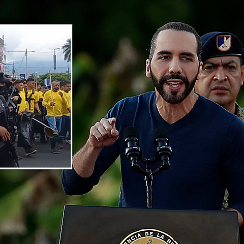 El presidente de El Salvador, Nayib Bukele, y una captura de pantalla de presos barriendo calles