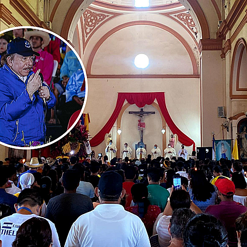 El dictador de Nicaragua, Daniel Ortega y en fondo una iglesia 