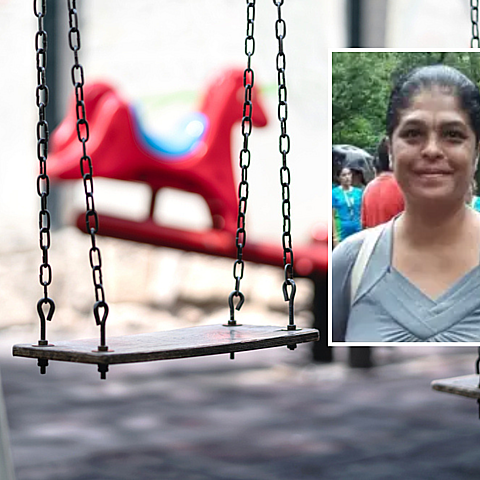 Mirta Piris conocida como la tía y de fondo patio de recreo desocupado