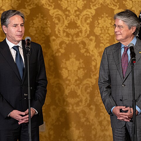 U.S. Secretary of State and Ecuador's President Guillermo Lasso meet at the presidential palace during his first official visit to South America in October 2021