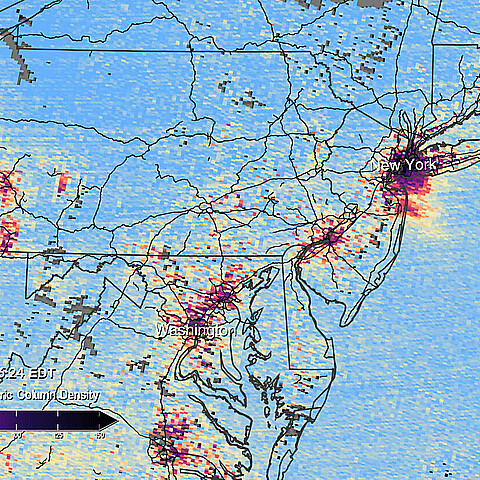 Nitrogen dioxide levels over the DC/Philadelphia/New York region at 12:14 and 4:24 p.m. on August 2, as measured by TEMPO.