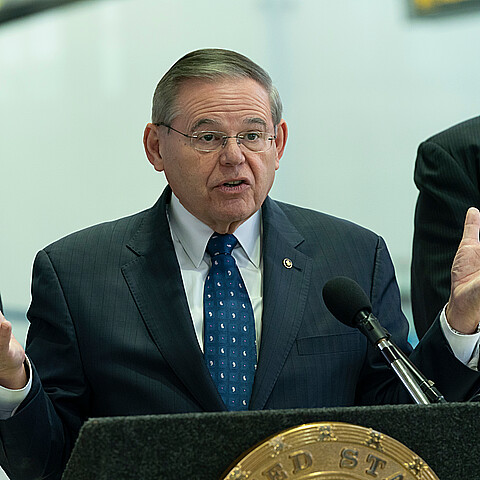 Sen. Bob Menendez speaks in 2019 during a press conference at Newark International Liberty Airport