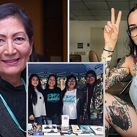 From left to right: Secretary of the Interior Deb Haaland, Deb Haaland wearing a Pueblo Action Alliance T-shirt, and daughter Somah Haaland on the right