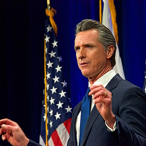 California Gov. Gavin Newsom speaking at the State of the State address in Sacramento