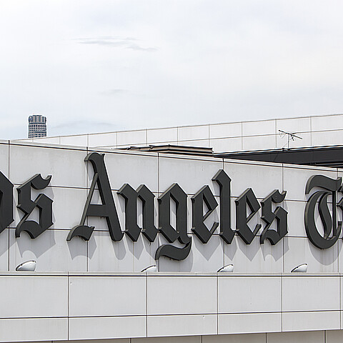 The facade for the Los Angeles Times newspaper building in downtown Los Angeles, California