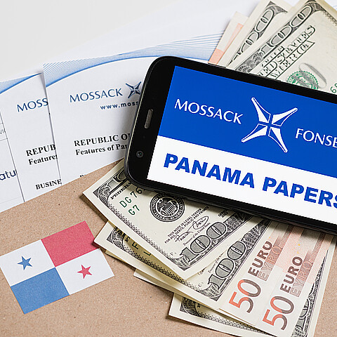 Folder with Mossack Fonseca logo and printed documents from it's web site, Panama flag, U.S. and EU currency and phone with Panama Papers text