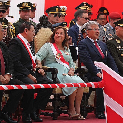Peruvian President Dina Boluarte attends an anniversary ceremony of the Chavín de Huántar rescue operation in Lima in May 2024