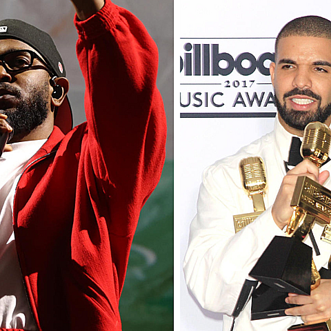 Combo de fotografías de archivo que muestra al músico estadounidense Kendrick Lamar (i) y al rapero canadiense Drake. 