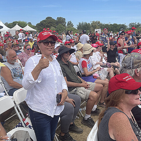 A Hispanic American woman appearing at the Las Vegas kickoff of Latino Americans for Trump in Las Vegas in June 2024