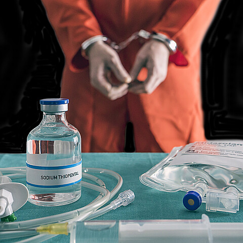 Stock image of lethal injection with inmate in background