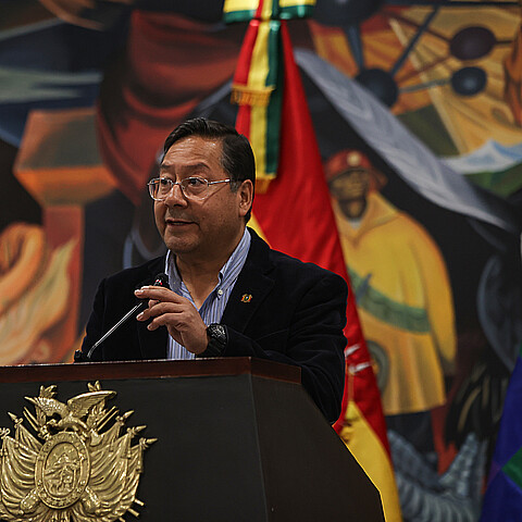 Bolivian President Luis Arce speaks during a press conference after the failed coup d'état in June 2024