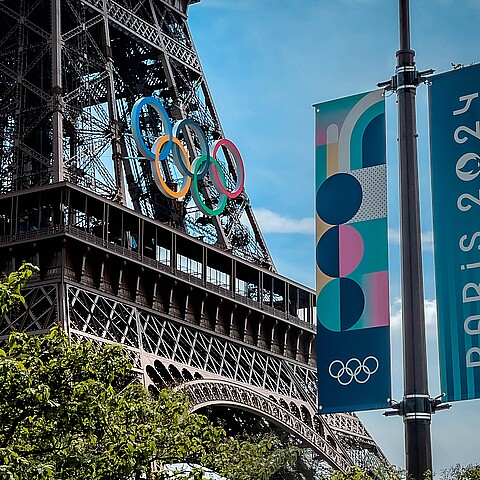 The Olympic Rings installed on the Eiffel Tower ahead of the Paris 2024 Olympic Games