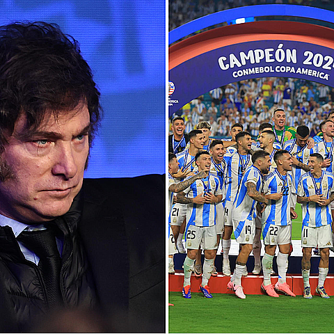 Fotografía del presidente de Argentina javier Milei y la selección de fútbol campeona de la copa america 2024