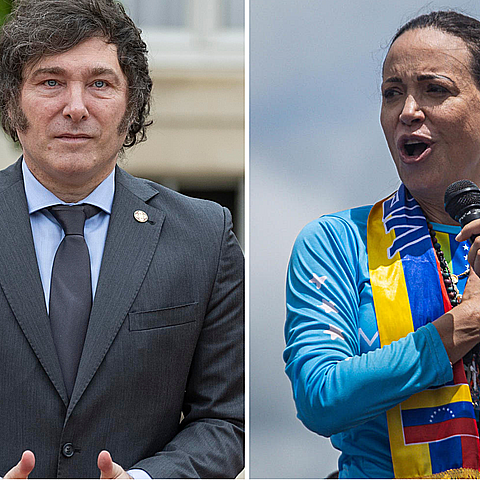 El presidente de Argentina, Javier Milei muestra su apoyo a la venezolana Maria Corina Machado