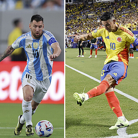 Combo de dos fotografías del jugador argentino Lionel Messi (i) y el colombiano James Rodríguez. Messi contra Rodríguez