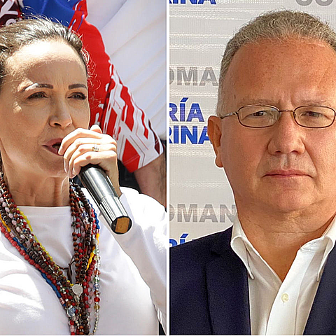 La líder opositora venezolana María Corina Machado y  representante ante el Consejo Nacional Electoral, Perkins Rocha