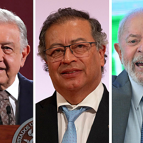 El presidente mexicano Andrés Manuel Lopéz Obrador, el presidente colombiano Gustavo Petro y el presidente brasileño Lula Da Silva