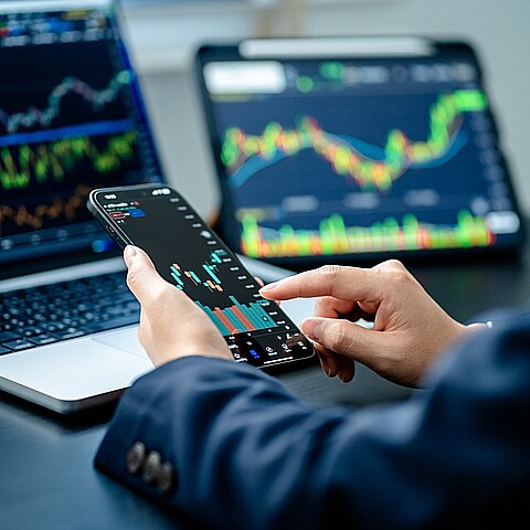 Los inversionistas analizan el índice del mercado de datos a través de la pantalla de un smartphone para comercializar la tabla de acciones para planificar las inversiones, obtener beneficios, el mercado de valores y los datos de criptodivisa, financieros.
