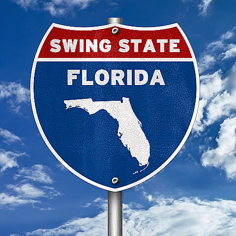 A makeshift sign signifying Florida as a swing state
