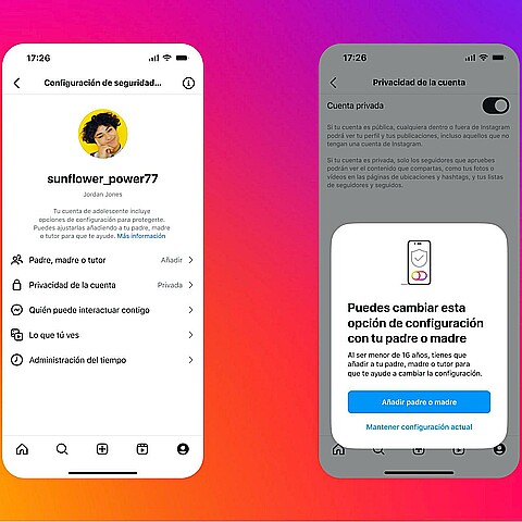 Fotografía cedida por Meta donde se muestra la interfaz de configuración de seguridad de una Cuenta de Adolescente en Instagram