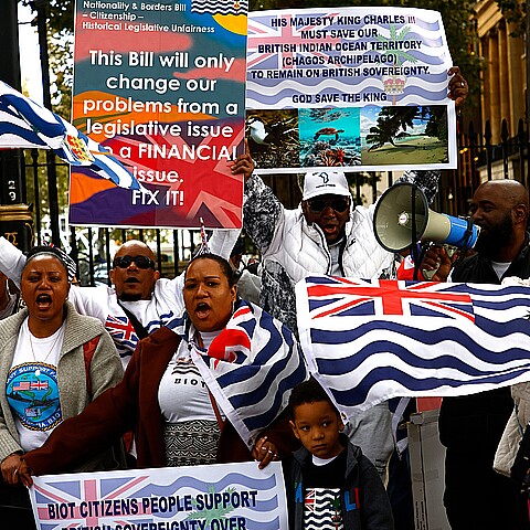 British Indian Ocean Territory citizens seen at a vocal protest in London in support of the British Sovereignty of their homeland