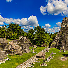 Tikal National Park on UNESCO World Heritage Site (since 1979). The Grand Plaza with the North Acropolis and Temple I (Great Jaguar Temple)