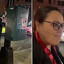 Victoria Ruiz, a public defender with the New York County Defender Service, caught on camera ripping posters depicting Israeli kidnapped by Hamas | Screen capture & Shutterstock