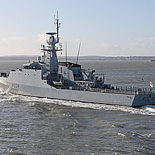 The British Royal Navy River Class offshore patrol vessel HMS TRENT leaves its U.K. naval base for training exercises