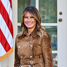 First Lady Melania Trump stands in the Rose Garden of the White House in 2019