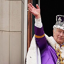 King Charles III steps out, waves from Buckingham Palace after coronation on May 06, 2023, London, England
