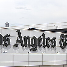 The facade for the Los Angeles Times newspaper building in downtown Los Angeles, California