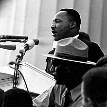 Dr. Martin Luther King Jr. speaks at the Lincoln Memorial during the 1963 March on Washington for Jobs and Freedom.
