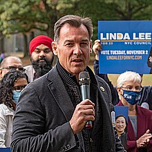 Congressman Tom Suozzi speaks at City Council candidate Linda Lee's general election kickoff rally on Oct. 17, 2021 in NYC